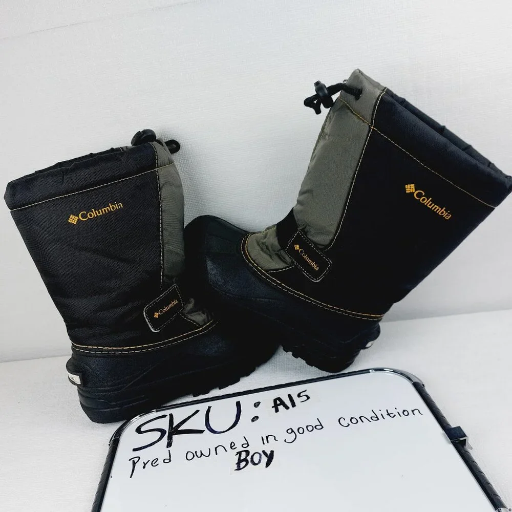 Columbia Boy's Black Gray Powderbug Plus II Mid-Calf Winter Snow Boots Sz 12.5